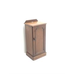 Victorian mahogany bedside chest, raised shaped back, single door, plinth base