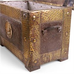 Arts and Crafts brass bound coal box, with sailing ship decoration to the front and lid, together with a similar slope fall front coal box, largest H36cm, 54cm
