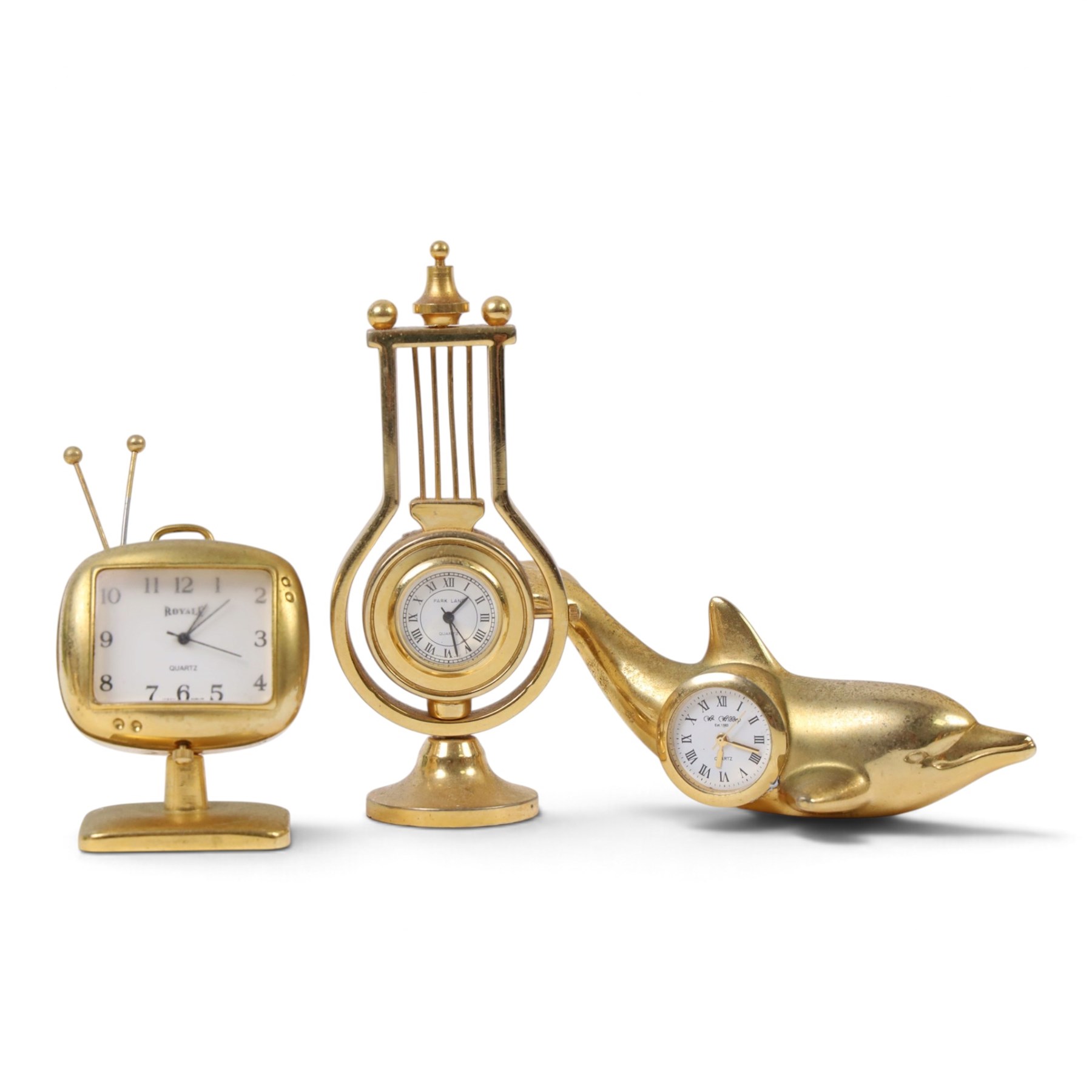 Large collection of miniature novelty clocks, including examples modelled as ships, a lamp, handbag, sewing machine, lamp etc 