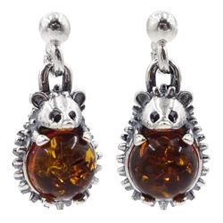 Pair of silver amber hedgehog pendant stud earrings