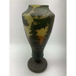 Reproduction Daum Nancy art nouveau  style overlay and cut glass vase in ovoid form with a circular base, decorated with woodland and mountain scene, H38.5cm. 