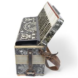 Two mid 20th century Italian accordions- manufactured by Frontalini and Cooperatiua both with a three octave keyboard compass and 120 bass buttons, with fretted sound grills and shoulder straps. 