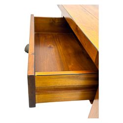 Contemporary hardwood side table, rectangular top over two drawers with shell cup handles, open shelf below, raised on square tapering supports