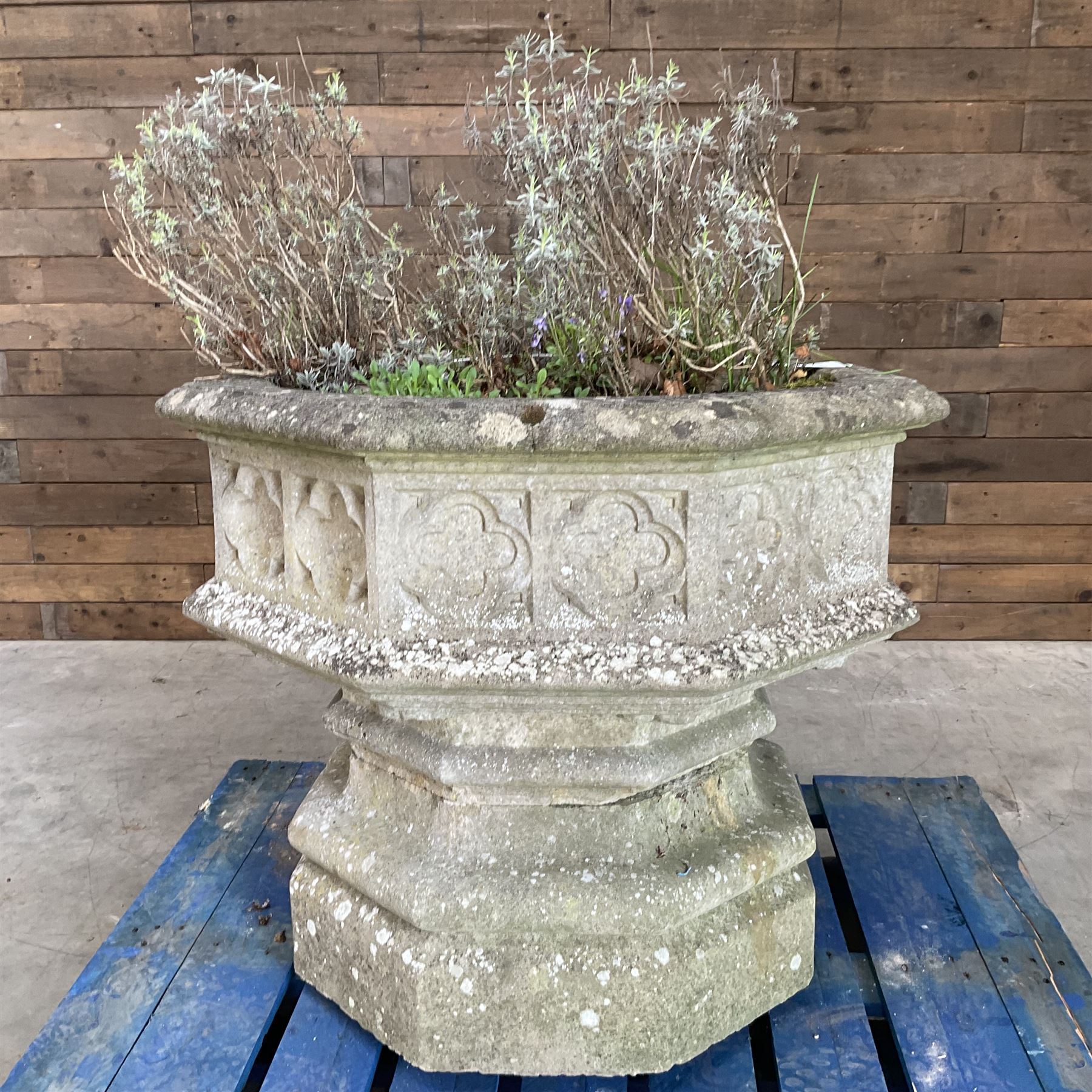 Large gothic design octagonal cast stone centre-piece urn olanter, quatrefoil decoration 