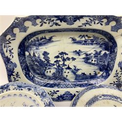 A large collection of late 18th/early 19th century Chinese blue and white porcelain, to include various sixed platters, plates, and covers, decorated with varied landscapes and flowers, (all a/f). 