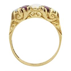 9ct gold three stone opal and four stone ruby ring, Birmingham 1976
