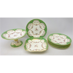  Late 19th century Mintons dessert service, the centre painted with a spray of roses within rose swags, on green ground with gilt highlights, pattern no. 6997 (8)  