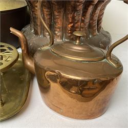 Large copper jardiniere, of circular form with fluted sides and rim, and embossed decoration to body, together with a copper jam pan, kettle and jug, and two brass trays