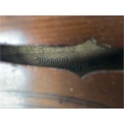 German copy of a Maggini violin c1900 with 35.5cm two-piece maple back and ribs and spruce top, bears label 'Maggini Deutsche Arbeit 1866' L59cm; in carrying case with bow