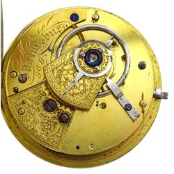 William IV English lever fusee pocket watch by John Morse, Malmesbury, No. 969, round pillars, engraved balance cock decorated with a mask and diamond endstone, white enamel dial with Roman numerals and subsidiary seconds dial, case makers mark J.P, London 1833 