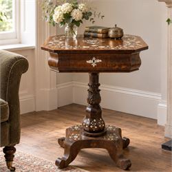 Victorian mahogany and mother-of-pearl inlaid work table, the octagonal hinged top enclosi...