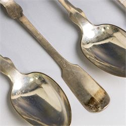 Set of six German silver Fiddle pattern table spoons with engraved initials to terminal, 800 standard with crescent and crown mark