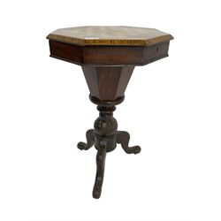 Late 19th century inlaid walnut sewing or work table, octagonal hinged top with satinwood and ebony chessboard inlay, surrounded by foliate decoration, the edges inlaid with crossbanding and stringing, fitted interior with chess pieces, raised on baluster pedestal carved with acanthus leaves on a tripod base 