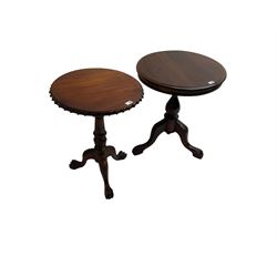 Georgian design mahogany pedestal occasional table, carved edge over birdcage action support, tripod base with acanthus leaf decoration and ball and claw feet (W50cm H70cm); Georgian design occasional table, circular top over vasiform pedestal with tripod base (W59cm H70cm)