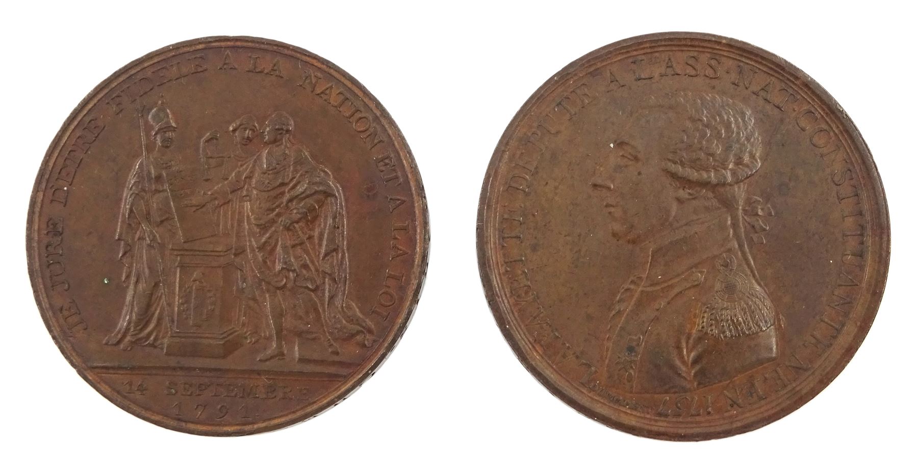 Two French medallions, commemorating  General Lafayette 1791 and commemorating the Acceptance of Louis XVI of the New French Constitution on 14 September 1791 