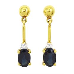 Pair of 18ct gold oval cut sapphire and round brilliant cut diamond pendant stud earrings,...