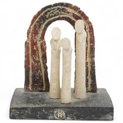 John Maltby (British 1936-2020): 'Three Figures and Archway', figural stoneware sculpture,...