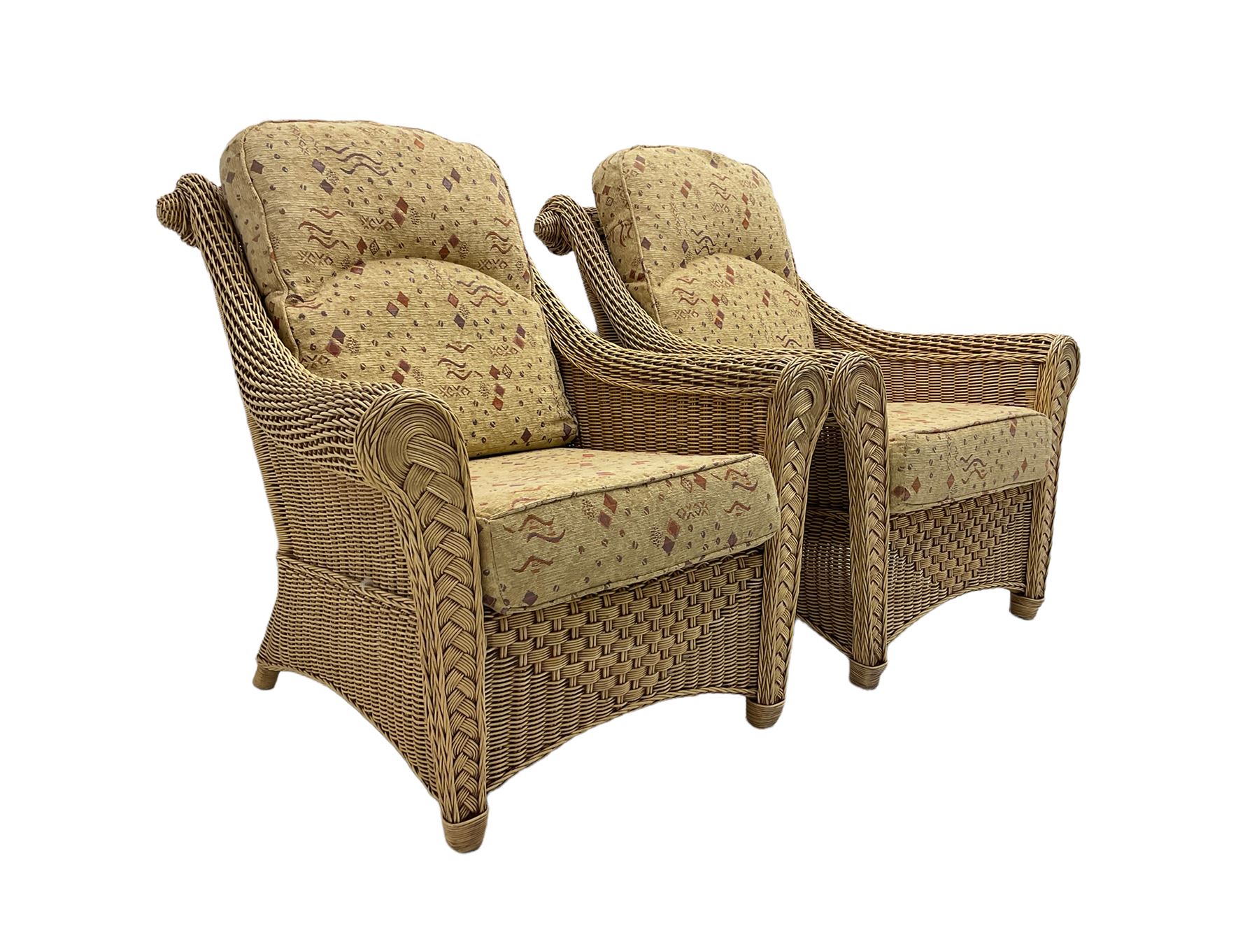 Four piece cane conservatory suite - two seat sofa (W130cm), pair of armchairs (W85cm), and coffee table (85cm x 60cm)