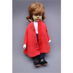  Lenci pressed-felt girl doll, brown painted side glancing eyes, brown bobbed mohair wig, jointed felt body, red felt buttoned coat with frill collar and cuffs, high waisted trousers, cotton shirt and black boots, printed Lenci marks to sole of feet, H44cm  