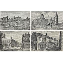 Frederick Schultz Smith (Hull 1860-1925): Hull Views, four monochrome watercolours and ink signed, max 14cm x 24cm (4) (unframed) 
Notes: Born in Worthing, Sussex in 1860, F S Smith came to Hull as a small child and lived most of his life in the old St. John's Wood area in west Hull; he was still drawing in his sixties shortly before his death in 1925. Much like his near contemporary and fellow Yorkshire artist Albert Thomas Pile (1882-1981), his drawings are visual 'snapshots' in time, often produced to record buildings that were due to be demolished. Smith was commissioned to produce around three hundred drawings for C E Fewster, a paint maker in Hull who collected historical records. Some were also used as illustrations in books and newspapers, such as the Eastern Morning News, whilst others were sold to the owners of premises which he had drawn.