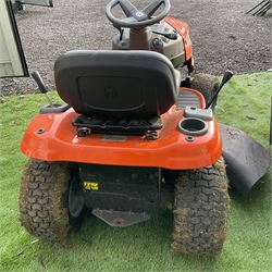 Husqvarna TS138 petrol garden tractor with Husqvarna T275 trailer with metal fuel canister and sack barrow - THIS LOT IS TO BE COLLECTED BY APPOINTMENT FROM DUGGLEBY STORAGE, GREAT HILL, EASTFIELD, SCARBOROUGH, YO11 3TX