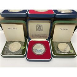 Six Queen Elizabeth II United Kingdom silver crown coins, comprising two 1972 'Silver Wedding', two 1977 'Silver Jubilee' and two 1981 'Commemorating The Marriage of His Royal Highness The Prince of Wales and Lady Diana Spencer', all cased with certificates 