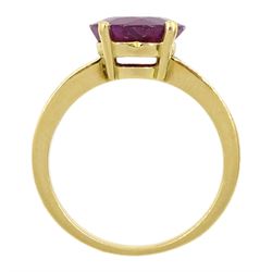 18ct gold ruby and diamond ring, single round cut ruby of approx 3.25 carat, with channel set baguette cut diamond shoulders, total diamond weight approx 0.85 carat