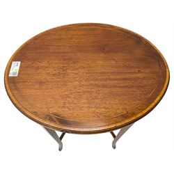 Edwardian inlaid mahogany centre table, oval moulded top with satinwood banding, on square tapering supports united by curved X-framed stretchers 