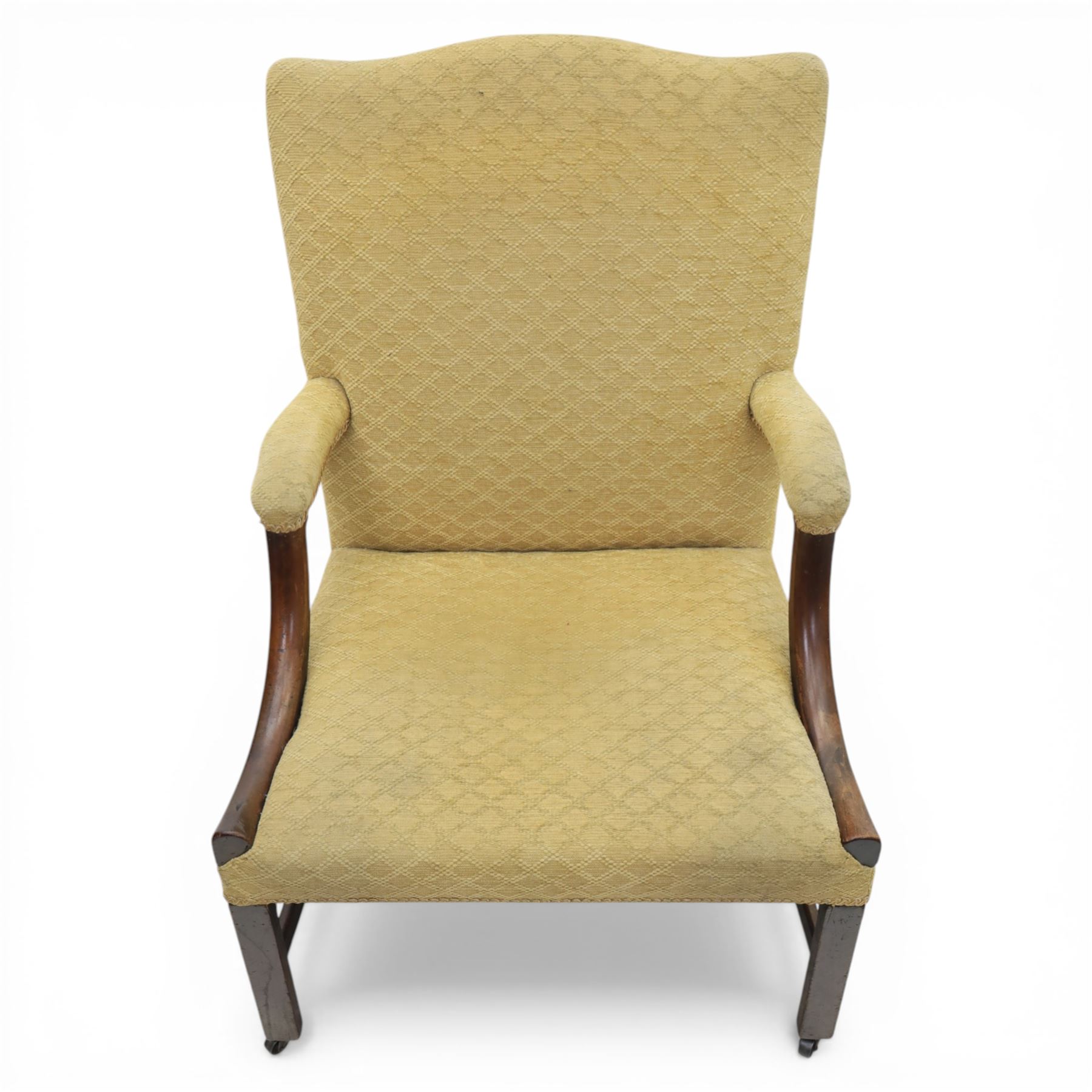 20th century Gainsborough style open armchair, upholstered in patterned fabric, the chair with shaped padded back and scroll arms on moulded frame