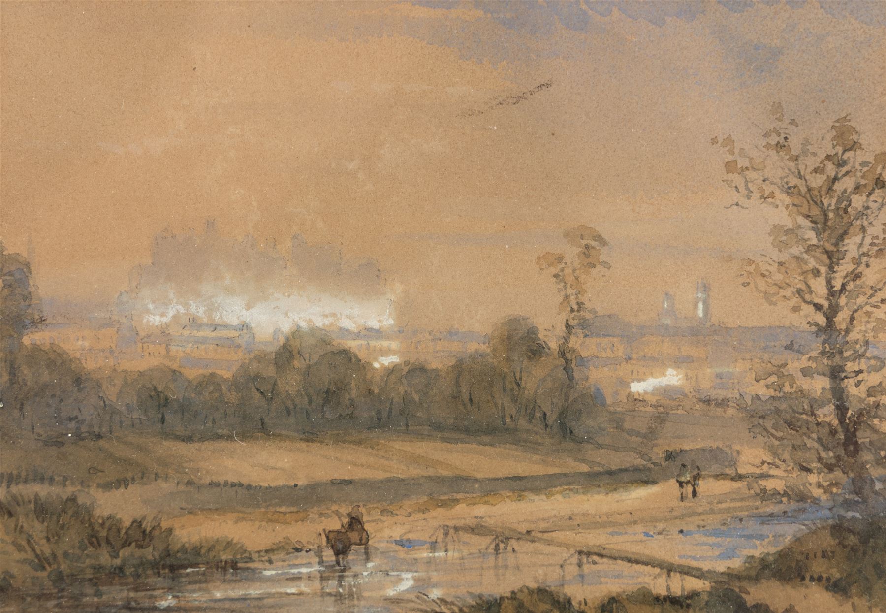 Attrib. John R Prentice (Scottish fl. 1837-1875): River Landscape with Distant Buildings, watercolour heightened with white unsigned 11.5cm x 16.5cm