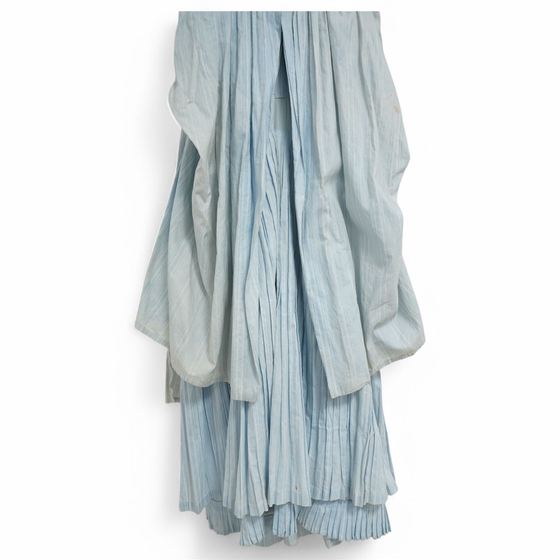 Victorian ladies button-down bodice and skirt, in blue and white striped fabric with pleated detailing, the skirt with gathered bustle back