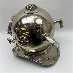 Reproduction diver's chrome helmet, with plaque engraved 'Anchor Engineering, Karl Heinke, Munich Germany, 1921', H43cm