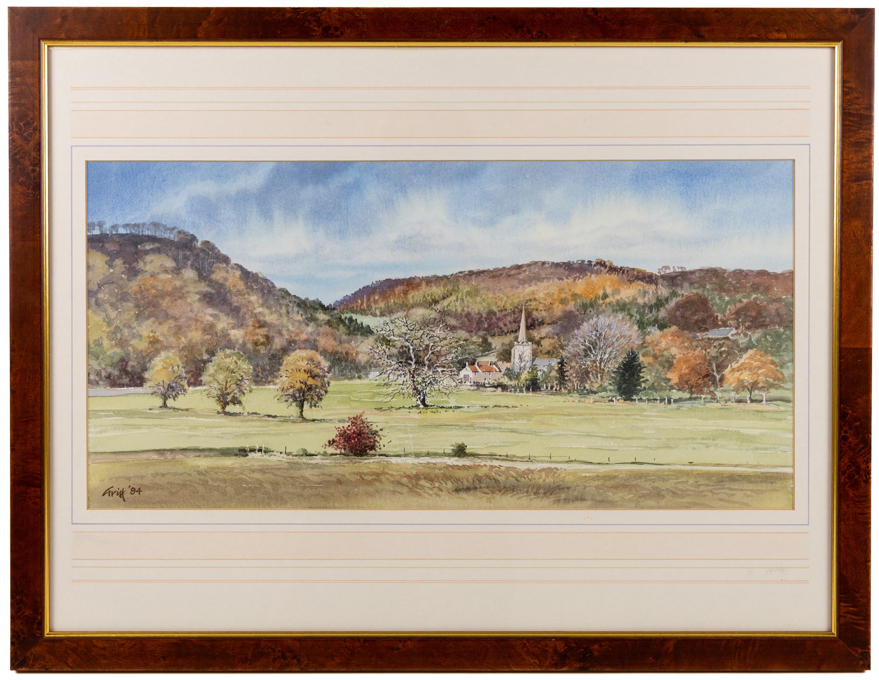 George 'Griff' Griffiths (British 1939-2017): 'Hackness Church from Hackness Park' 'Hackness Hall Lake Towards Langdale End' and 'Hackness Hall', triptych of watercolours signed Griff and dated '94, max 26.5cm x 54cm (3)