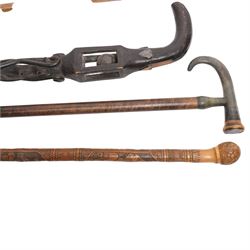 Collection of walking sticks including Greek racing walking stick, carved horse head and jockey, marked KEPKVPA, Horn Handled Walking Sticks, one stamped 