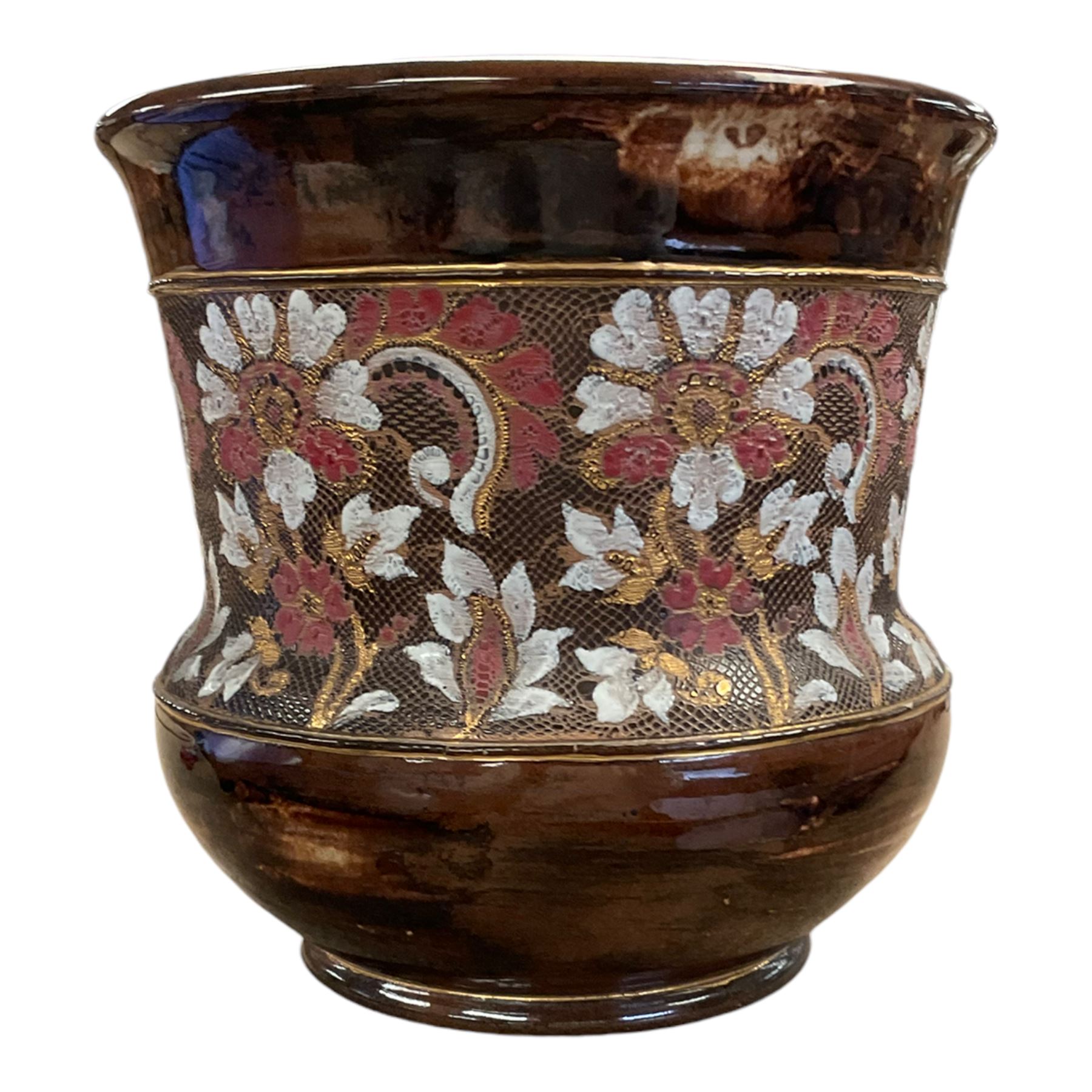 Two Crown Devon musical jugs, one depicting hunting scenes the other Widdicone Fair, together with Doulton of Lambeth of Slaters Patent Jardinière