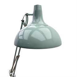Contemporary Anglepoise-style industrial floor lamp, pale blue painted domed metal shade on adjustable double arm with tension springs, set on a weighted circular base