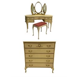 French style cream painted kidney shaped dressing table, with mirror and stool; and matching chest