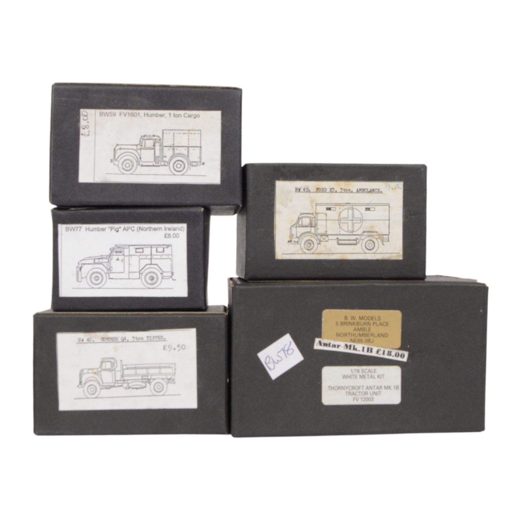 Twenty-two BW Models 1:76 white metal model kits, including BW55 Commer Q4 Bikini Unit, Antar Mk 1B, BW82 Alvis Saracen Ambulance, L/R 110 PC, Bw66 Ford E2 Binned Stores Vehicle, CEV8 Volvo FL6 Dennis Fire Tender and BW80 Scammell 20T all boxed
