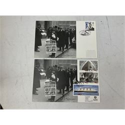 Titanic cover with Canadian cancellation signed David Haisman and cover with Queenstown cancellation signed by stamp designer, book signed David Haisman, two Titanic covers and book signed David Haisman, Titanic Facsimile postcard signed David Haisman and cover with Alderney cancellation signed by stamp designer, Biography of Edith Brown signed David Haisman (9)