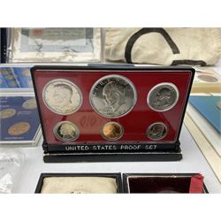 Great British and World coins, including Canadian 1975 dollar, United States of America 1975 proof set and bicentennial silver uncirculated set 1776-1976, Queen Elizabeth II Gibraltar 1977 sterling silver proof twenty-five pence, cased with certificate, New Zealand 1979seven coin set in blue wallet,  GB pre-decimal coins etc