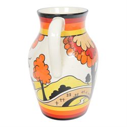 Wedgwood Bizarre by Clarice Cliff, Lotus Jug, House and Bridge, hand painted based upon an original, limited edition 134/250, with certificate and box, H21cm 