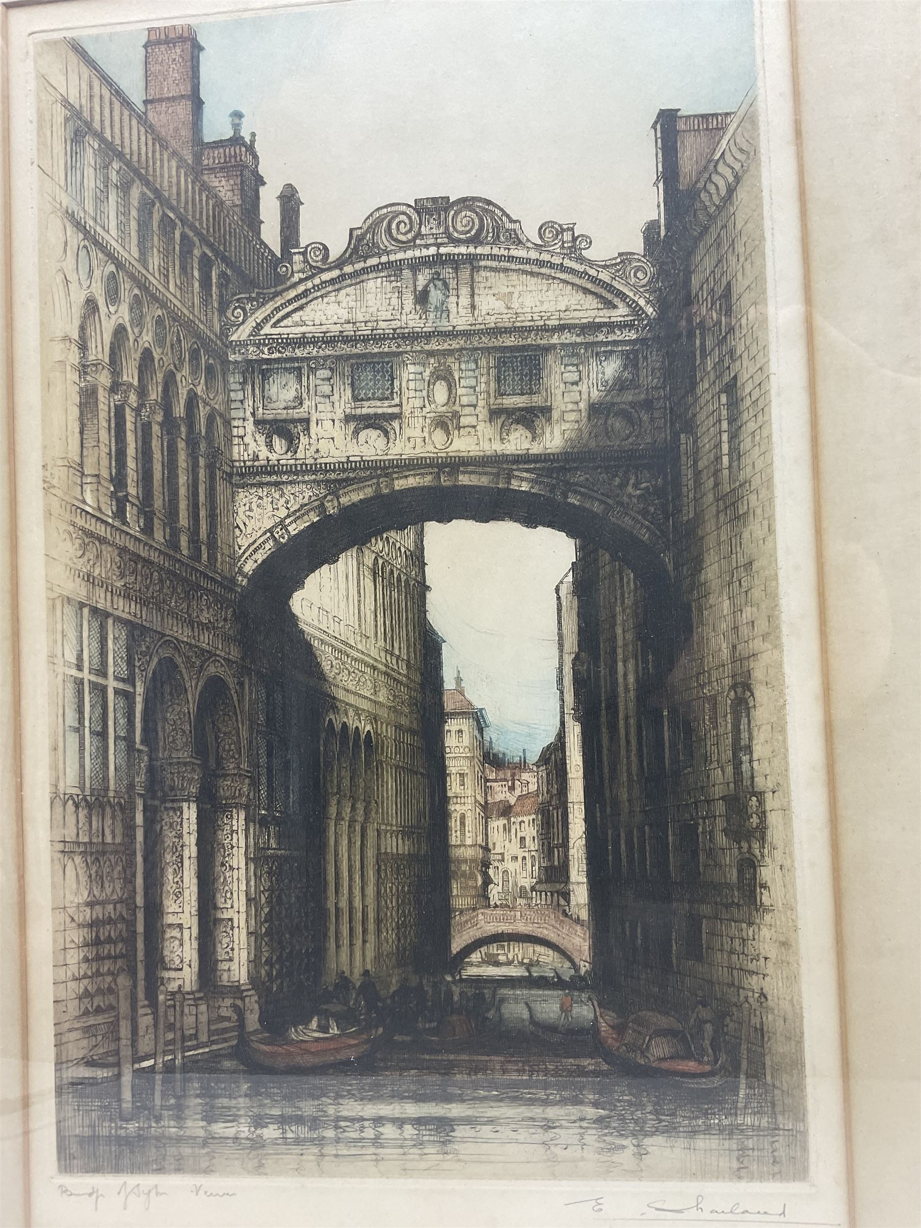 Edward Sharland (British 1884-1967): 'Bridge of Sighs - Venice', coloured etching signed and titled in pencil, together with a similar etching by HP Huggill (2)