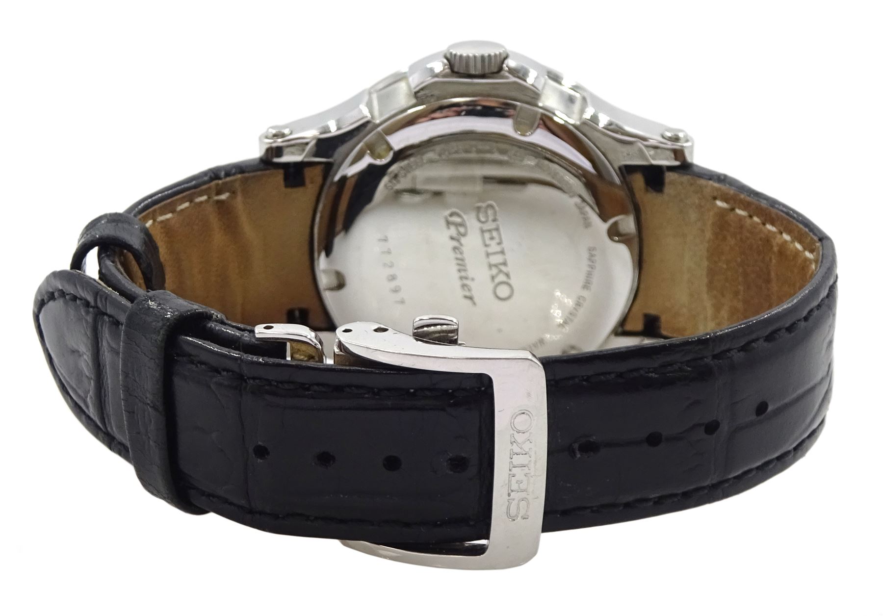 Seiko Premier kinetic perpetual gentleman's stainless steel wristwatch, on original black leather strap with fold-over clasp, boxed with original receipt dated 2009
