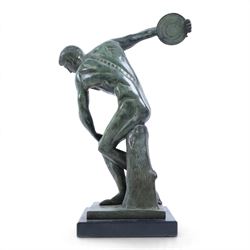 Patinated bronze Discobolus figure upon a rectangular base, H36cm 