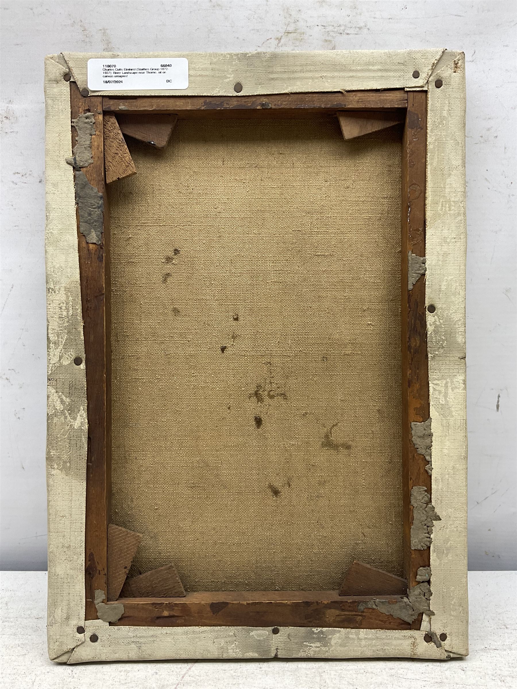 Charles Cutts Elmhirst (Staithes Group 1872-1937): River Landscape near Thorne, oil on canvas unsigned 33cm x 23cm 