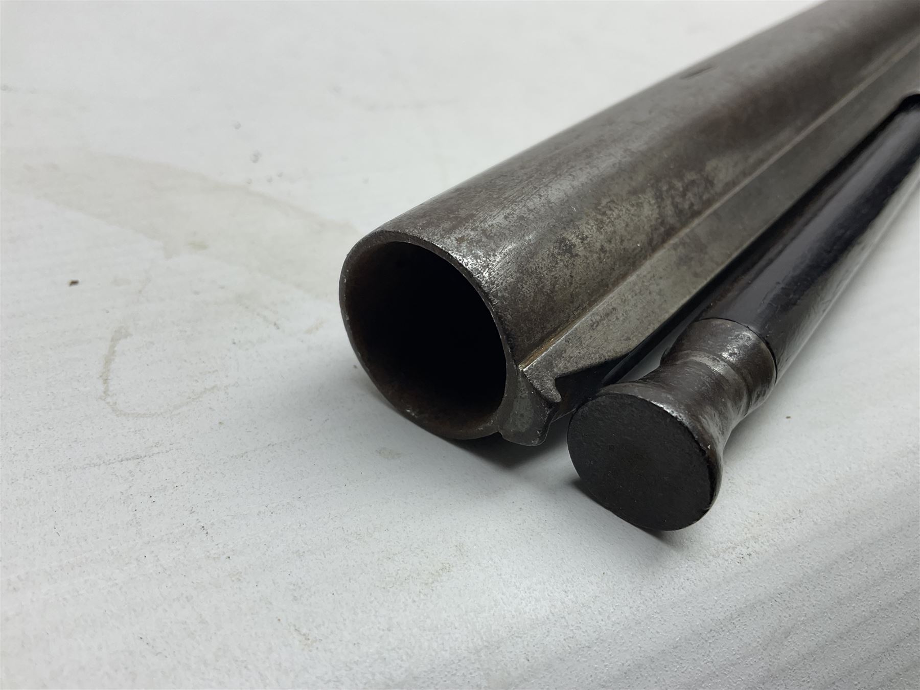 19th century take down 'cripple stopper' single barrel percussion gun, removable walnut stock with bayonet style fitting, chequered grip and fore-end, approximately 8-bore, the 59.5cm (23