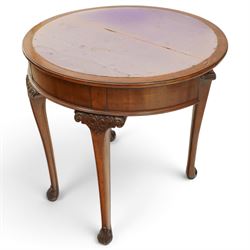 Pair of Victorian mahogany demi-lune card tables, the lunette shaped fold-over top enclosing purple-baize lined interior and supported by gate-leg action, banded frieze over cabriole supports with scrolling acanthus leaf knees, terminating to scrolled foliate feet