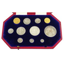 King Edward VII 1902 matt proof short coin set, comprising gold half sovereign and sovereign, silver maundy money set, sixpence, shilling, florin, halfcrown and crown, housed in the official dated case of issue