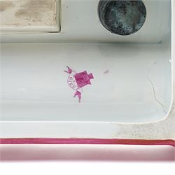 19th Century French enamelled porcelain inkstand, by Gien, in shades of pink and white, with twin inkwells and pen tray, printed marks to base W31cm D16cm