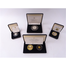  Queen Elizabeth II 2015 'Photographic Coronation' gold-plated silver proof five pound coin, 'The Queen's Beasts' 2016 two ounce fine silver coin, Queen Elizabeth II 2017 'Sapphire Jubilee Commemorative Coin Pair' sterling silver five pound coin and a one gram 9ct gold coin and a Queen Elizabeth II 2017 '100th Anniversary of The House of Windsor' silver proof one pound coin, all cased with certificates  